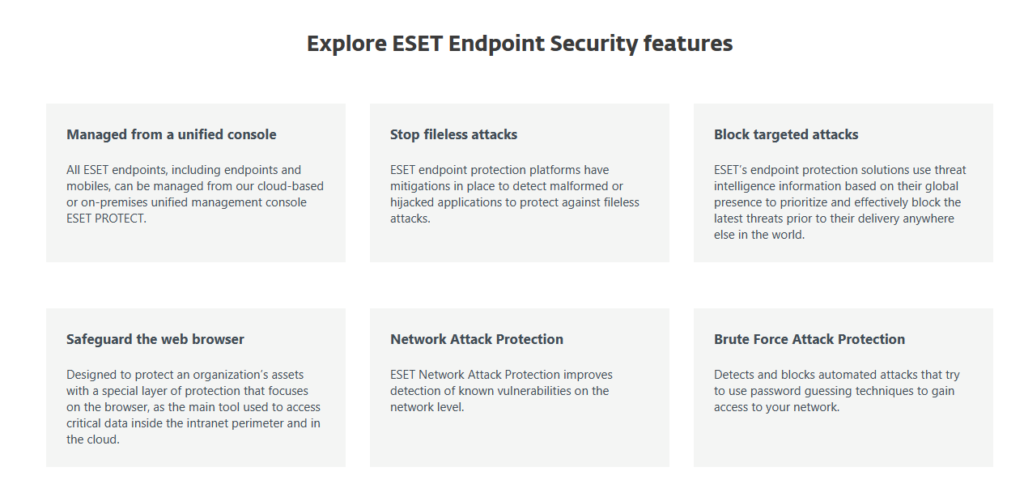 ESET Endpoint Security Features - manage from a unified console, stop fileless attacks, block targeted attacks, safeguard the browser, network attack protection, brute force attack protection