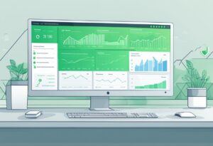 A computer screen displays a dashboard with green checkmarks, indicating secure host endpoints. A graph shows real-time reporting data