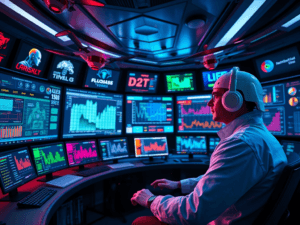 A futuristic control room filled with advanced screens displaying real-time cyber threat data, automated drones monitoring digital environments, and a calm technician analyzing vibrant graphs, symbolizing efficiency and speed in automated threat response.