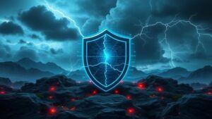 A digital landscape with a broken shield, surrounded by dark clouds and lightning, symbolizing cybersecurity challenges. Include fragmented data streams and locked doors, representing limitations in automated threat response systems.