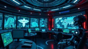 :A futuristic control room filled with holographic displays, showcasing automated defense systems neutralizing cyber threats. Bright blue and green lights illuminate sleek technology, while diverse cybernetic guardians monitor digital landscapes through advanced interfaces. 