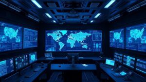 A high-tech control room filled with screens displaying real-time cybersecurity data, a digital map highlighting threat pathways, and automated threat response mechanisms activating, all illuminated by a blue glow, evoking urgency and precision.