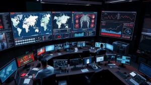 A sleek control room filled with monitors displaying real-time threat maps, automated threat response icons, and dynamic graphs, surrounded by advanced AI systems, cybersecurity professionals analyzing data, and a vibrant digital interface showcasing interconnected components.