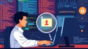 A digital illustration of a cybersecurity analyst at a computer, analyzing code patterns and signatures on multiple screens, with a magnifying glass focusing on a highlighted threat signature, surrounded by binary code and data flow visuals.