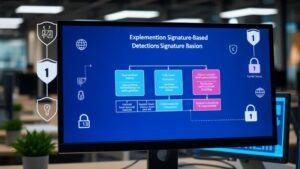 A computer screen displaying a flowchart with distinct steps for implementing signature-based detection, surrounded by cybersecurity icons like shields, locks, and signatures, set in a modern office environment with digital elements.