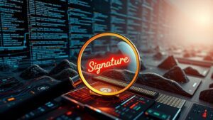 An intricate digital landscape depicting a magnifying glass focused on a glowing signature, surrounded by layers of code and cybersecurity elements, illustrating the concept of how to use signature-based detection in a visually engaging manner.