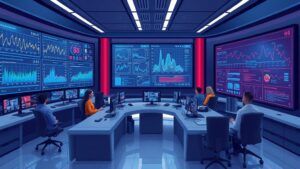 Illustrate a sleek cybersecurity control room with monitors displaying intricate graphs and signature patterns, a diverse team of analysts collaborating, and a large digital board highlighting effective detection strategies.