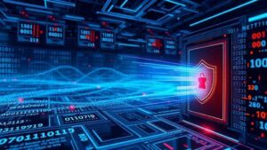 A futuristic digital landscape featuring a glowing shield symbol, intricate binary code patterns, and holographic signatures emerging from a secure server, illustrating advanced cybersecurity technologies and the evolution of signature-based detection.