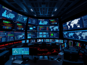 A sleek, modern control room filled with glowing screens displaying dynamic incident alerts, automated workflows, and digital threat maps. Cybersecurity professionals monitor the situation, engaging with advanced AI tools and visualized data streams.