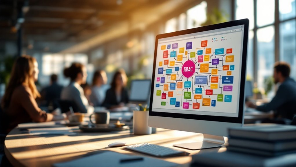 A crisp, high-resolution photograph showcases a bustling corporate office with diverse employees at their workstations. In the foreground, a computer screen displays a complex, colorful flowchart illustrating role-based access control systems. The background reveals colleagues engaged in animated discussions, indicative of the challenges in RBAC adoption. Sunlight streams through large windows, casting dynamic shadows that symbolize the intricate balance between security and accessibility, highlighting the benefits and best practices of RBAC implementation. 