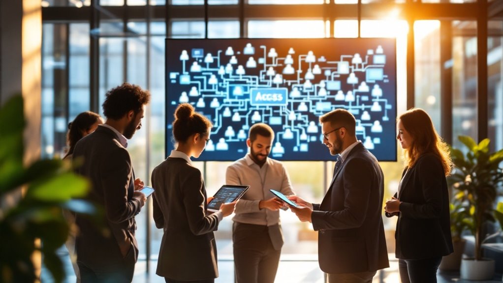 A high-resolution photograph captures a sleek, modern office environment with sunlit glass walls. In the foreground, a diverse group of professionals huddles around a digital tablet displaying a complex access control interface. Behind them, a large screen illustrates a vibrant, interconnected web of user roles and permissions. The scene exudes an air of collaboration and security, reflecting the seamless integration and strategic management of Role Based Access Control in a corporate setting.