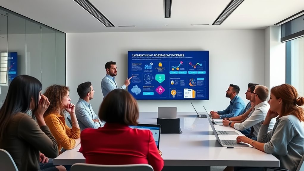 In a modern office setting, a group of diverse employees gathers around a sleek conference table, each focused intently on the presentation. A confident presenter stands at the front, gesturing towards a large digital screen displaying vivid infographics on cybersecurity. The room is bright and airy, with laptops open and notepads ready for notes. The atmosphere is one of engagement and collaboration, with expressions of curiosity and determination on the faces of the attendees.