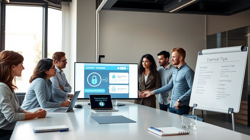 In a modern office, a diverse group of employees attentively gathers around a sleek conference table, focused on a laptop displaying a cybersecurity training module. Soft, natural light streams through large windows, illuminating concentrated faces. A trainer gestures towards a projection screen, highlighting security protocols. Nearby, a whiteboard lists essential tips, while notebooks and pens lie ready for notes. The atmosphere is one of engagement and learning, underscoring the importance of cyber-awareness in business protection. This is a employee security training session, helping to protect your business from hackers.