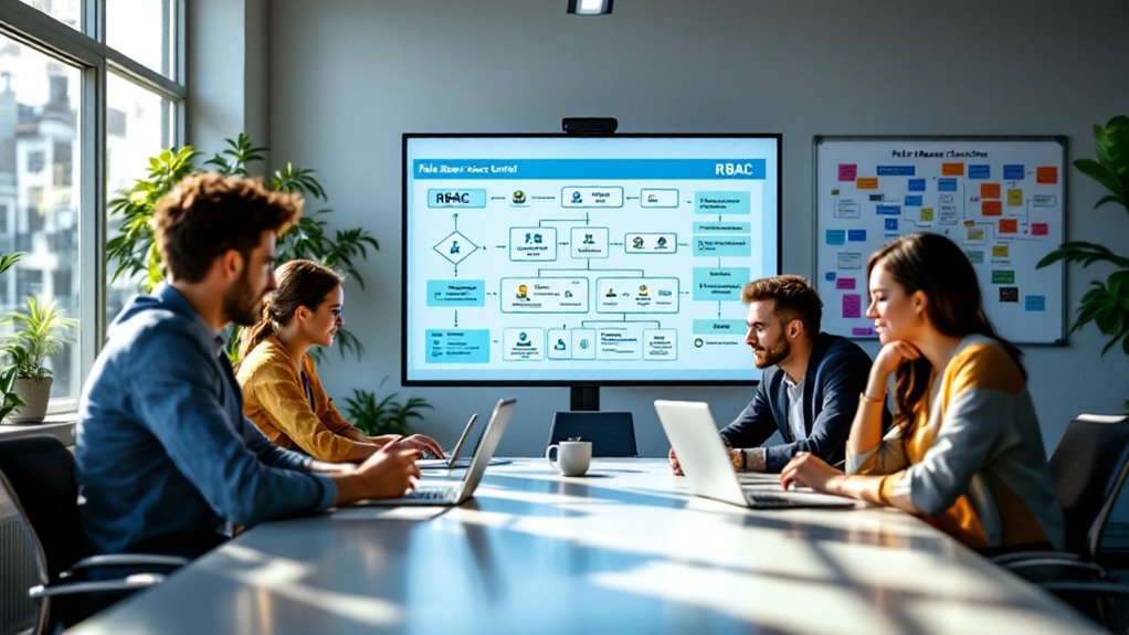 A vibrant office setting features a diverse team gathered around a sleek, modern conference table. A large digital screen displays a detailed flowchart illustrating Role-Based Access Control (RBAC) implementation. Laptops and tablets show synchronized data. The team, intently focused, includes IT specialists, a manager, and a security expert. Sunlight streams through large windows, illuminating their collaboration. In the background, a whiteboard details best practices with colorful diagrams, capturing the essence of organized and secure digital environments.