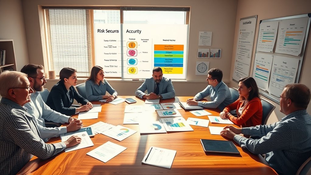 a small business office is depicted with a team gathered around a large wooden table, their faces focused and contemplative. Papers and digital devices are scattered, displaying charts and graphs. A large whiteboard in the background is filled with colorful diagrams illustrating layered security measures. Sunlight filters through blinds, casting linear shadows that symbolize interconnected defenses. The vibrant scene captures the intensity and diligence of conducting a comprehensive risk assessment.