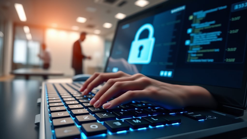 a sleek, modern office space with a close-up of a high-tech computer keyboard. The keys are illuminated in a soft blue glow, casting a futuristic ambiance. In the background, a blurred figure types purposefully, emphasizing the importance of digital security. A padlock icon is subtly reflected on the computer screen, symbolizing protection and security for your small business