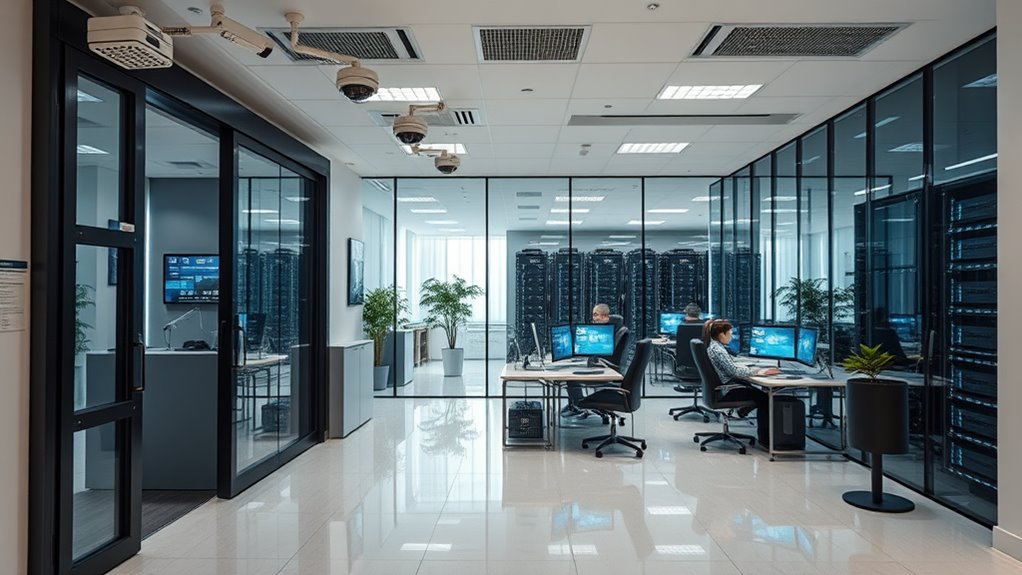 a small business office is depicted with multiple layers of security. The outermost layer showcases a high-tech security gate, followed by a sleek reception area with advanced surveillance cameras. Inside, employees work diligently on computers, each workstation equipped with dual monitors displaying cybersecurity software. A secure server room, visible through a glass partition, houses sophisticated networking equipment. The scene is bathed in soft, natural light, highlighting the seamless integration of technology and human vigilance.