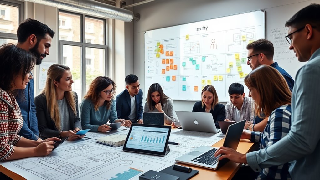 A high-resolution photograph captures a bustling small business office. In the foreground, a diverse team huddles around a table covered with blueprints, tablets displaying security metrics, and a laptop showing a cybersecurity dashboard. In the background, a wall-sized whiteboard is filled with colorful flowcharts and sticky notes, symbolizing iterative planning. Natural light streams through large windows, illuminating the focused expressions of the team, embodying the essence of continuous improvement and adaptation in security practices.