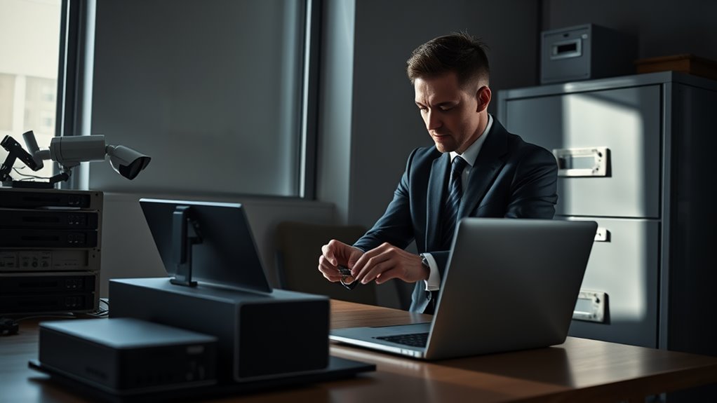 In a dimly lit office, a sleek laptop with a high-resolution screen displays a cloud backup interface, surrounded by an array of external hard drives. A focused business owner, clad in a tailored suit, is connecting a secure USB key to the laptop. Nearby, a modern camera system and a locked filing cabinet emphasize security. Soft light from a nearby window casts a protective glow over the entire scene, conveying vigilance and preparedness.