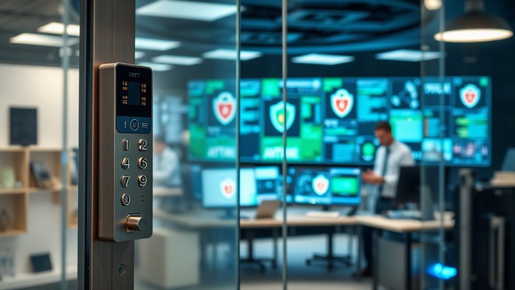 A high-resolution image captures a small business office with layers of security elements. The foreground features a sleek, modern security keypad on a glass door. Beyond the door, a network of computers displays vibrant firewalls and antivirus software interfaces. In the background, a vigilant IT professional monitors a sophisticated cybersecurity dashboard. The scene is bathed in a soft, focused light, emphasizing the importance of layered digital defenses in protecting vital business information.