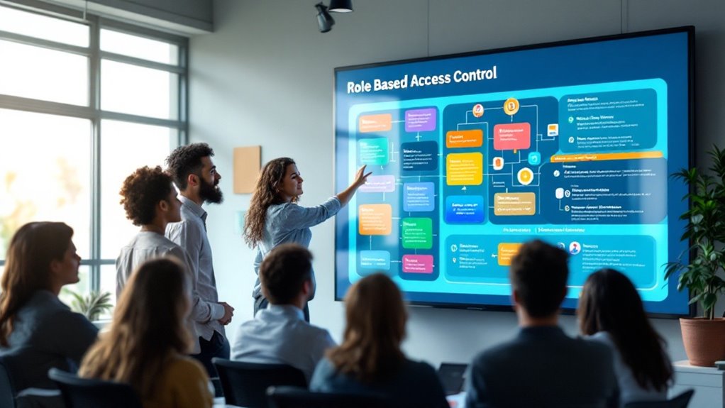 a sleek, modern office environment with a large digital display illustrating the concept of Role Based Access Control. In the foreground, a diverse group of professionals attentively engages with the screen, their expressions focused and intrigued. The display features a vibrant, interactive flowchart highlighting benefits, implementation steps, and best practices, with colorful icons representing various user roles and access permissions. The room is bathed in soft, natural light, emphasizing the collaborative atmosphere.