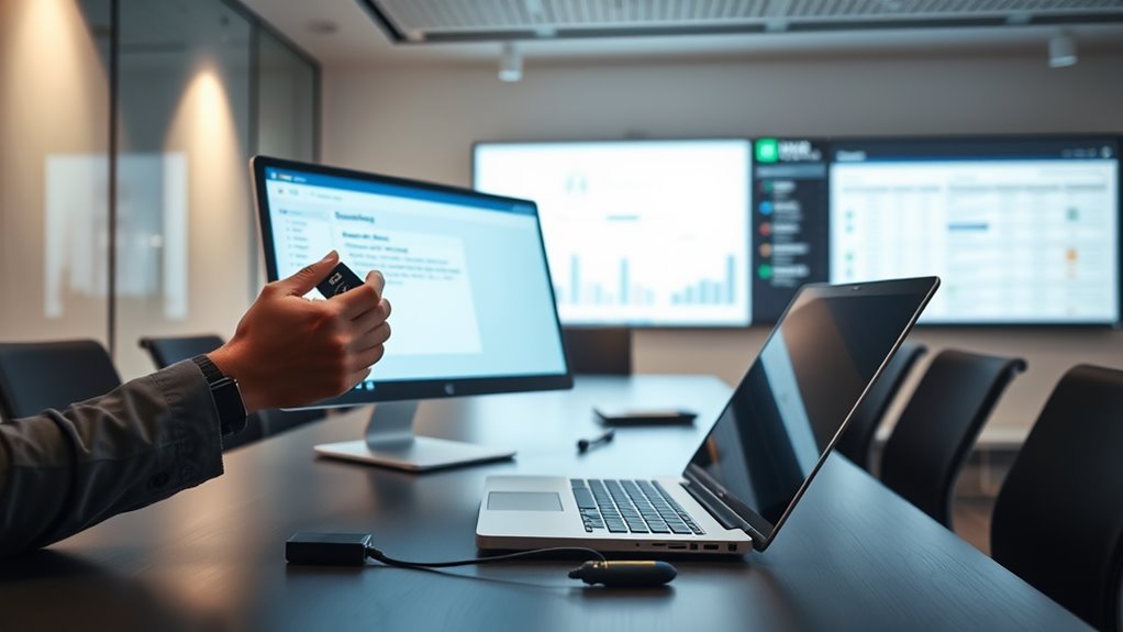 :A high-resolution photograph captures a sleek, modern office space where a person is intently setting up a multi-factor authentication device. The room is softly lit, highlighting the glow of the computer screen displaying security software. On the desk, a security key and an open laptop show encrypted files. In the background, a large monitor exhibits a digital security dashboard. The scene conveys a proactive approach to safeguarding digital assets, further to protect your business from hackers.