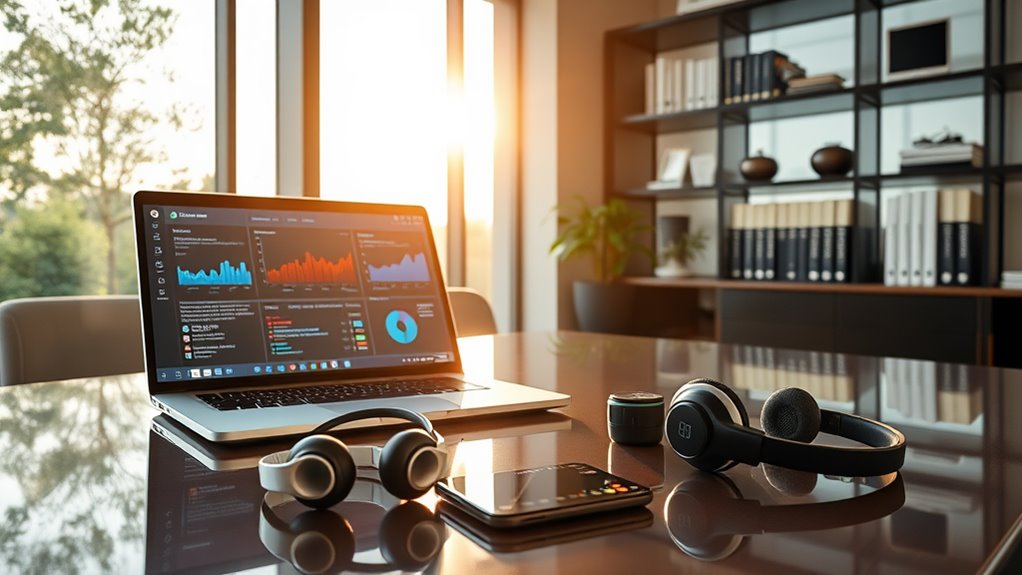 In a sleek, modern office, a polished desk features a cutting-edge laptop displaying a vibrant security dashboard with graphs and alerts. Nearby, a compact yet robust firewall device glows with LED indicators. A pair of stylish wireless headphones rests beside a smartphone showing an encrypted messaging app. Sunlight streams through large windows, casting a soft glow on a shelf lined with cybersecurity books, creating a harmonious blend of technology and tranquility.