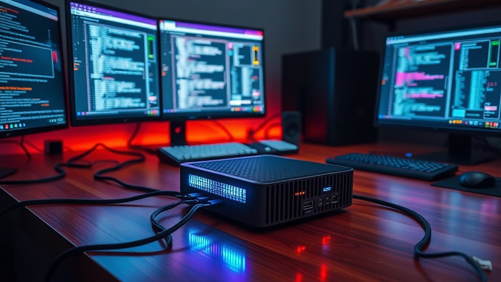 :A sleek mini PC sits on a polished wooden desk, its compact design juxtaposed against an array of vibrant LED lights. Surrounding it are multiple monitors displaying intricate virtual machine interfaces, their screens glowing softly in a dimly lit room. Cables elegantly snake across the surface, connecting devices. A high-end camera captures the scene with stunning clarity, highlighting the meticulous organization of cybersecurity tools and the inviting ambiance of a dedicated lab environment.