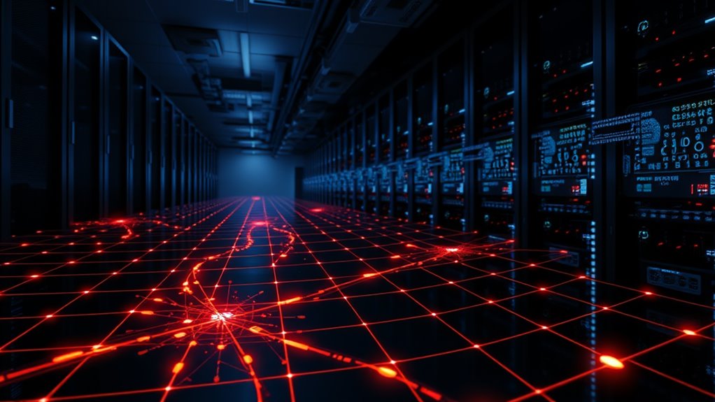 A high-resolution image captures a dimly lit server room, shadows dancing across sleek rows of humming servers. In the foreground, a vivid, digital illustration of a network grid overlays the scene. Tiny, red warning icons and jagged, orange lines suggest breaches in the network. Glowing, neon-blue binary code streams across the background, signifying digital data flow. The overall atmosphere conveys tension, highlighting vulnerabilities and potential threats in endpoint security. 