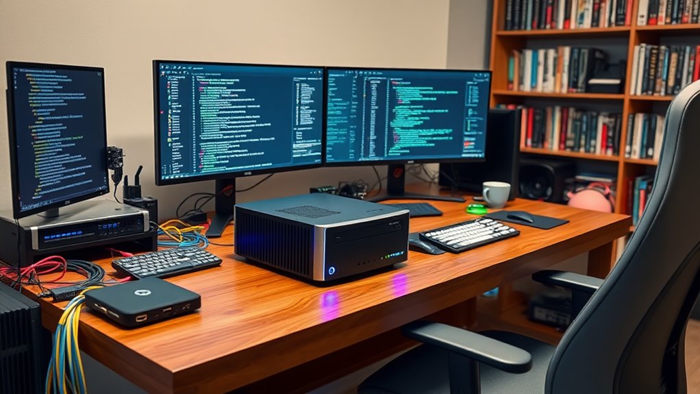 :A sleek mini PC sits on a polished wooden desk, surrounded by an array of colorful cables and high-tech gadgets. The soft glow of LED lights illuminates an organized chaos of cybersecurity tools, including a network analyzer and a firewall appliance. A dual-monitor setup displays intricate code and network maps, while a comfortable ergonomic chair invites hours of focused work. In the background, a wall of shelves holds essential cybersecurity literature, creating a perfect haven for innovation and learning.