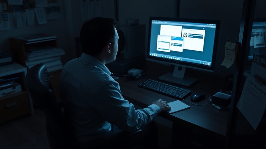 :A dimly lit office scene captures a lone employee, seated at a cluttered desk. Their face is illuminated by the glow of a computer screen displaying suspicious pop-ups. Nearby, a sticky note with a password carelessly exposed hangs from the monitor. In the background, an unlocked cabinet spills sensitive documents onto the floor. The image conveys vulnerability, highlighting the human behavior challenges in endpoint security threats. 