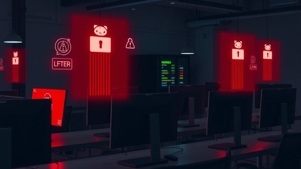 A high-resolution image captures a dimly lit, modern office space, where multiple sleek, unattended workstations display ominous red alerts on their screens. Intricately detailed digital icons symbolizing malware, phishing, and ransomware hover menacingly above each computer. The room's ambient lighting casts long shadows, emphasizing the tension and vulnerability. In the background, a network server blinks erratically, suggesting compromised security. The overall atmosphere conveys the looming threat of endpoint security breaches on organizational integrity.