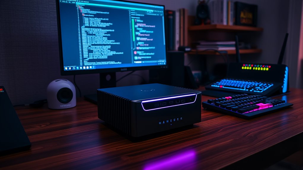 :A sleek mini PC sits on a polished wooden desk, its compact design accentuated by soft LED lights glowing in a dimly lit room. Surrounding it are high-tech gadgets: a vibrant monitor displaying code, a mechanical keyboard with vibrant backlighting, and a network router with blinking indicators. Cables are neatly organized, enhancing the modern aesthetic. In the background, a wall-mounted shelf displays cybersecurity books, hinting at the knowledge fueling this sophisticated home lab.